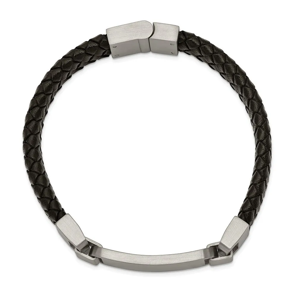 Men's 8.5 Inch Stainless Steel & Black Leather Brushed I.D. Bracelet