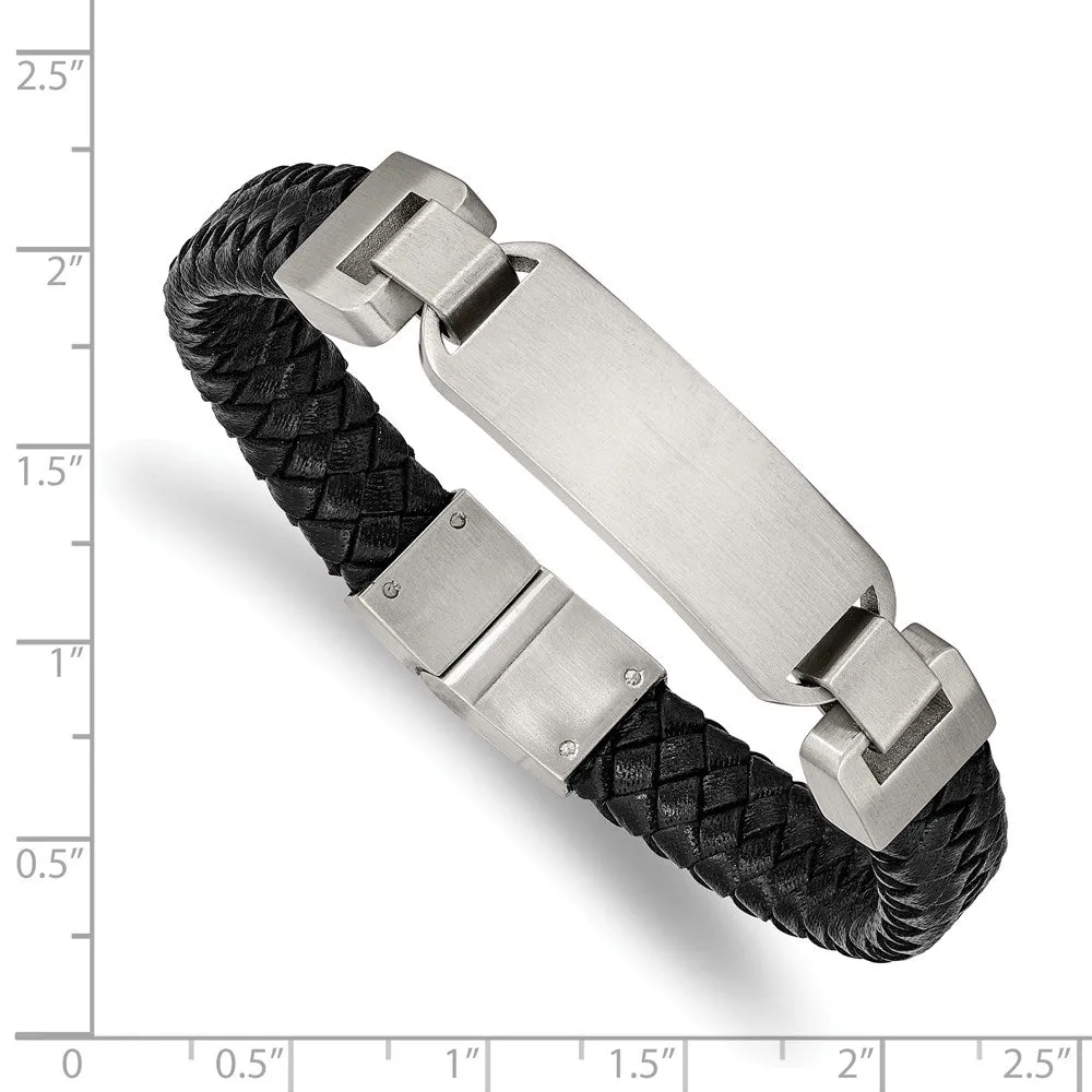 Men's 8.5 Inch Stainless Steel & Black Leather Brushed I.D. Bracelet