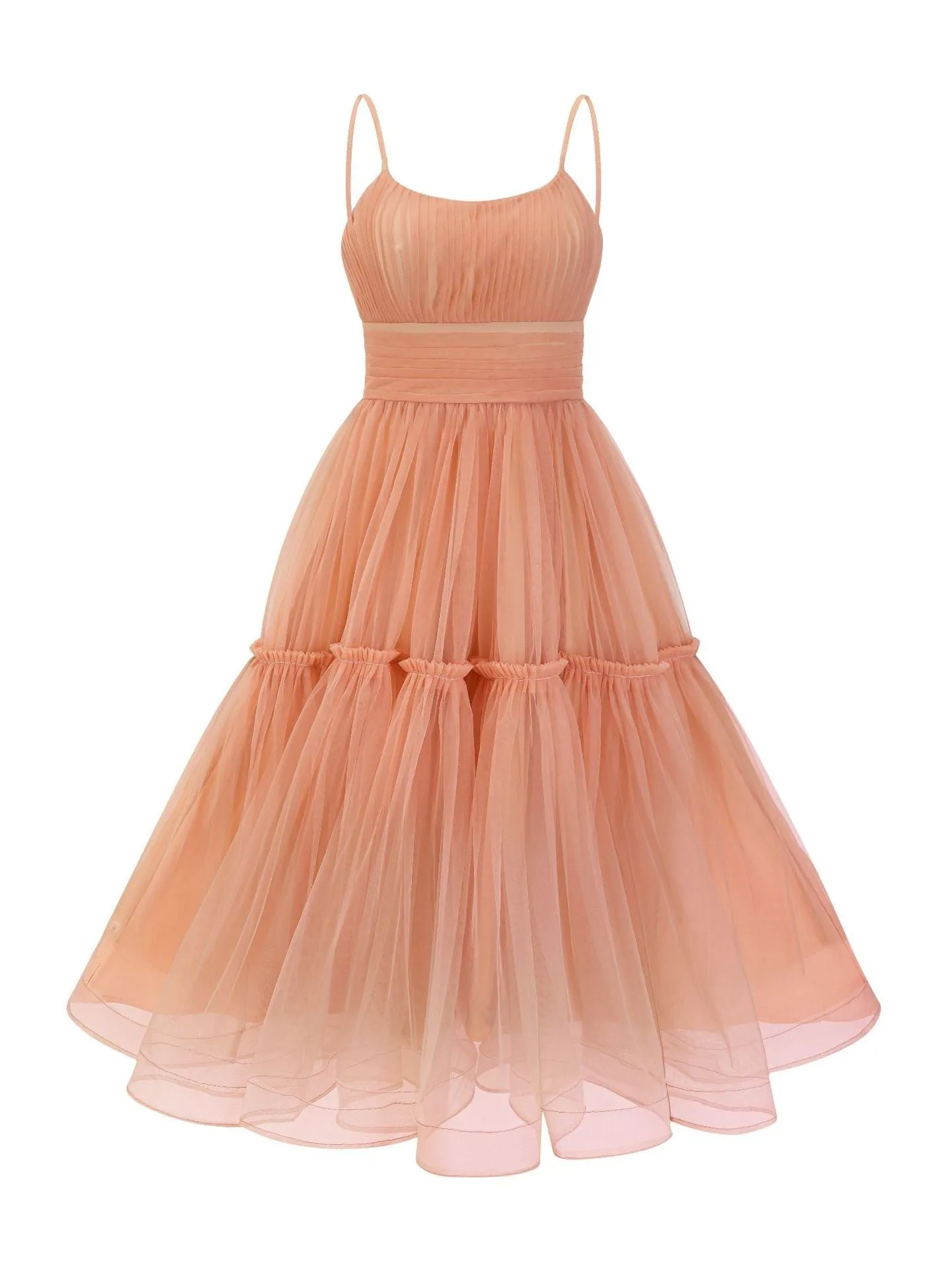 Papaya Spaghetti Straps A-line Tulle Tea-length Evening Dresses