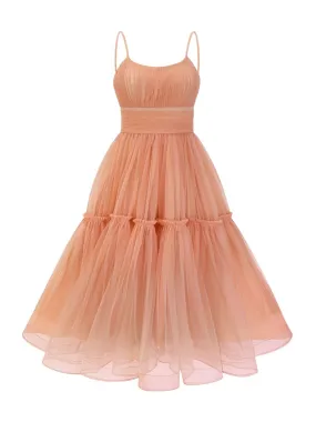 Papaya Spaghetti Straps A-line Tulle Tea-length Evening Dresses