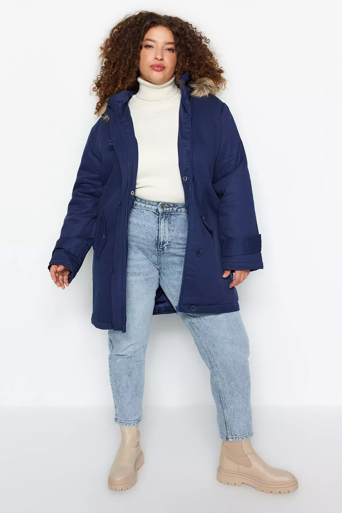 Navy Blue Fur Hooded Coat