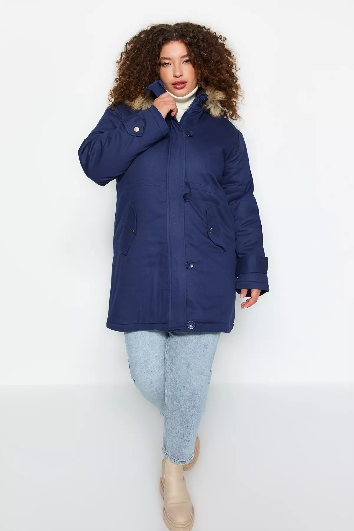 Navy Blue Fur Hooded Coat