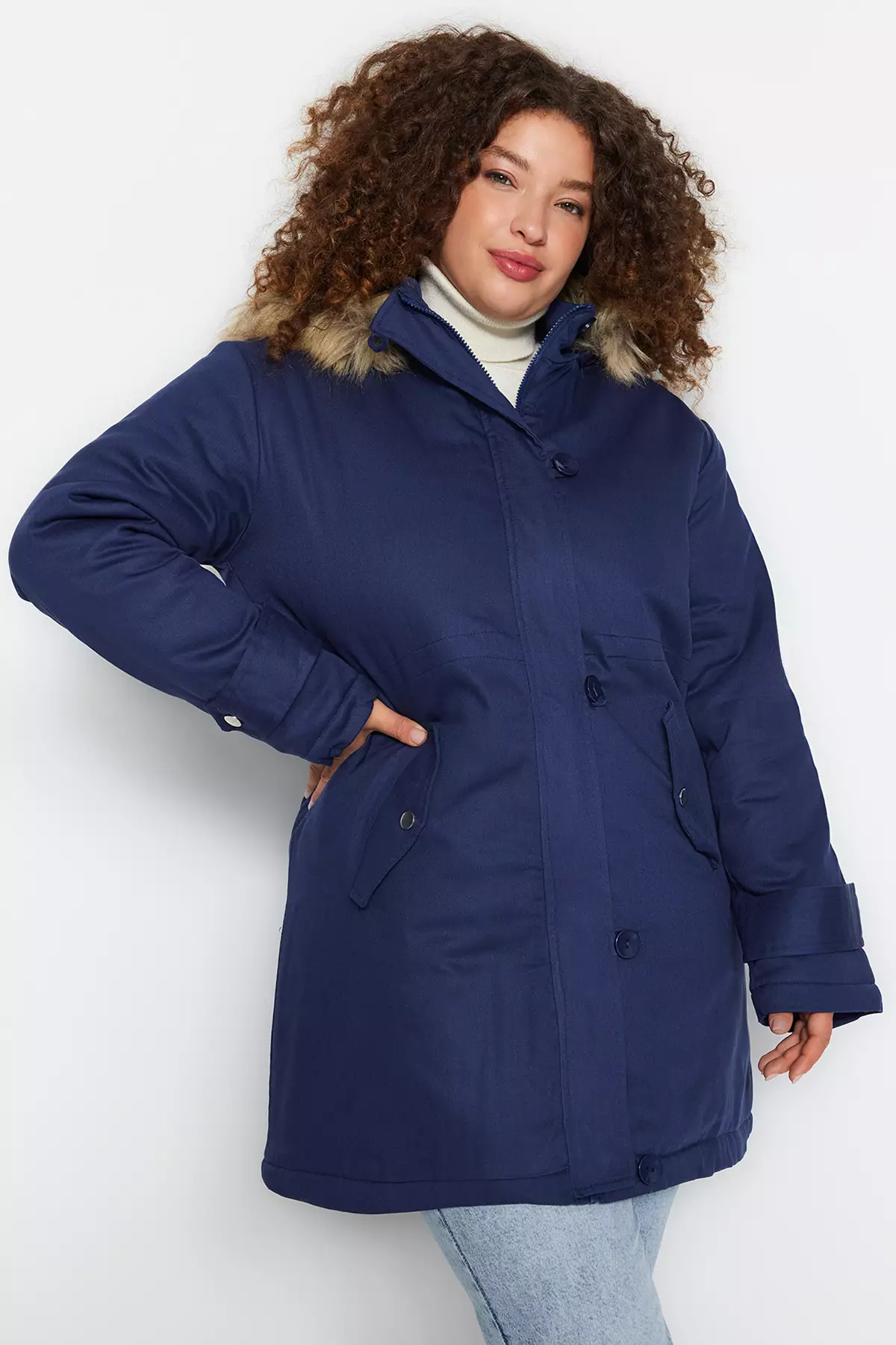 Navy Blue Fur Hooded Coat