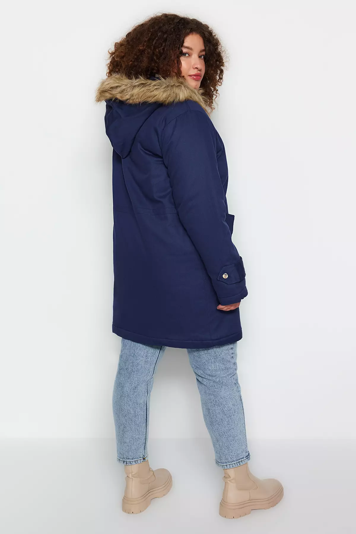 Navy Blue Fur Hooded Coat