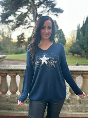 Navy Sparkle Star Knit Chloe with V Neck