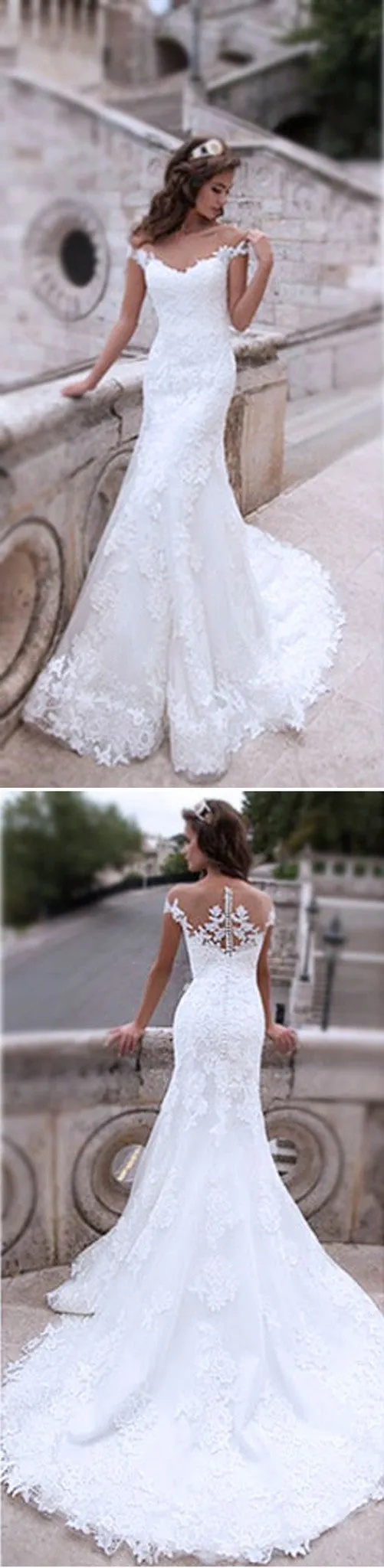 WD0058 Sexy Off Shoulder White Lace Mermaid Wedding Gown