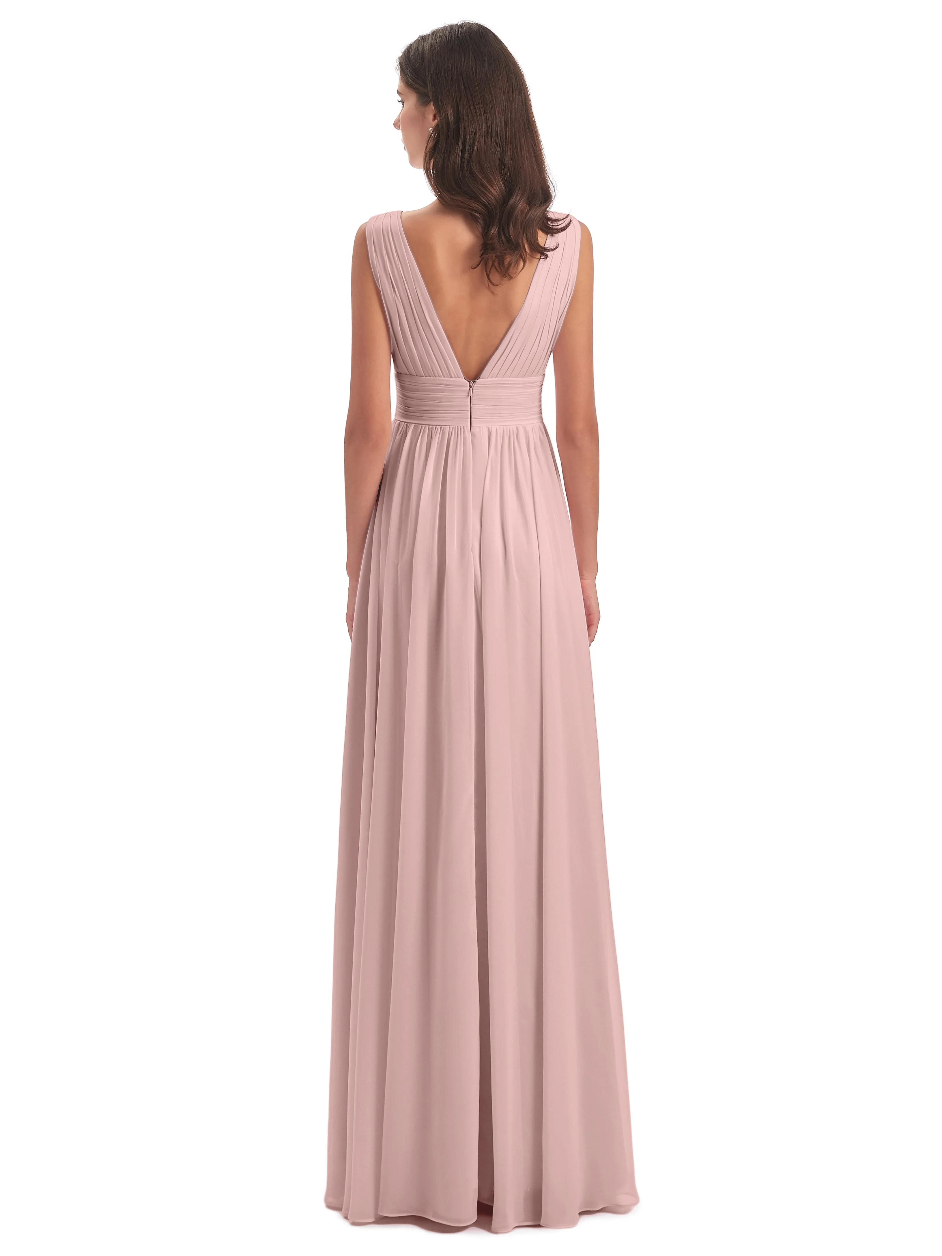 Emma V-Back Front Slit Powder Pink Bridesmaid Dresses