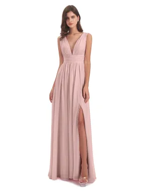 Emma V-Back Front Slit Powder Pink Bridesmaid Dresses