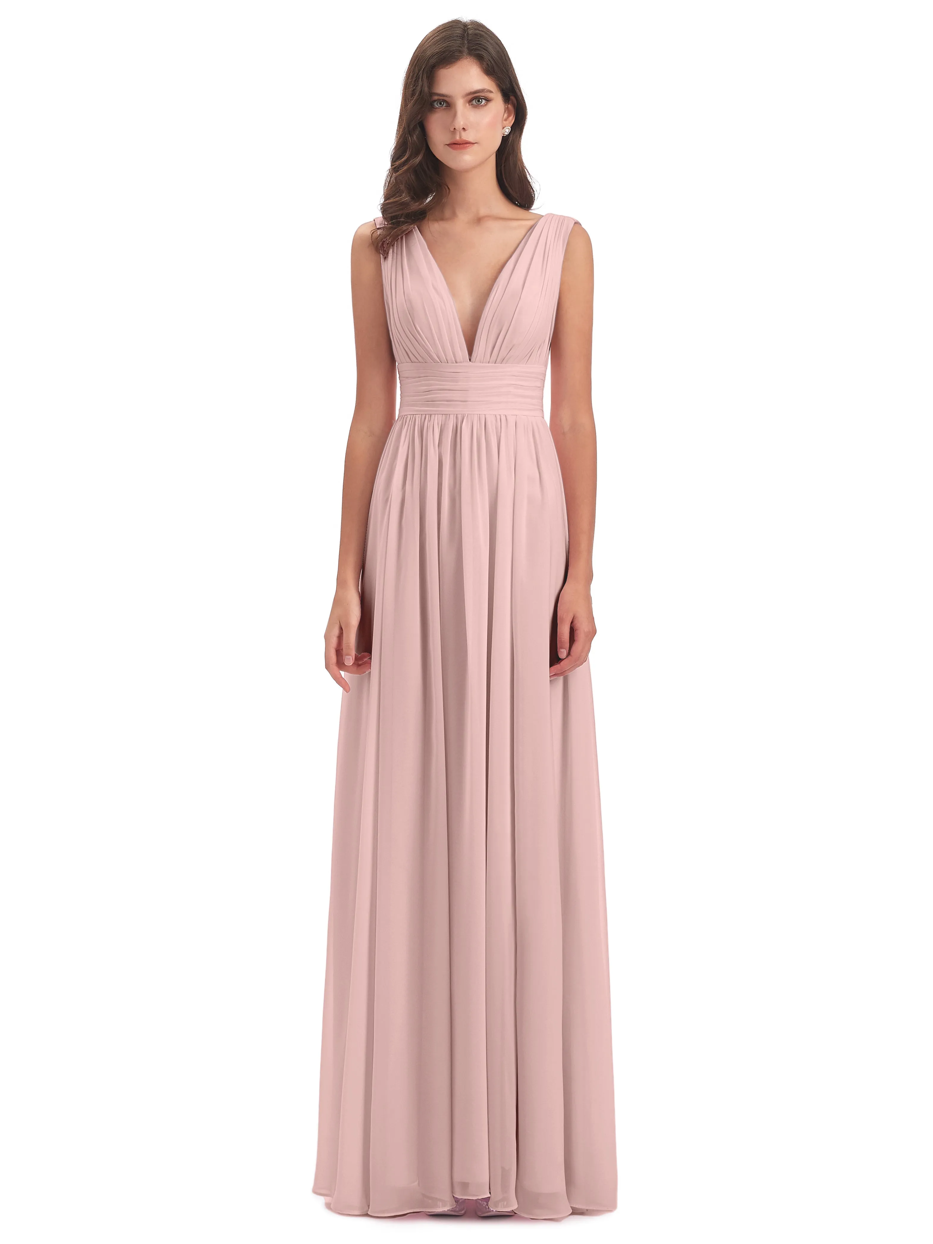 Emma V-Back Front Slit Powder Pink Bridesmaid Dresses