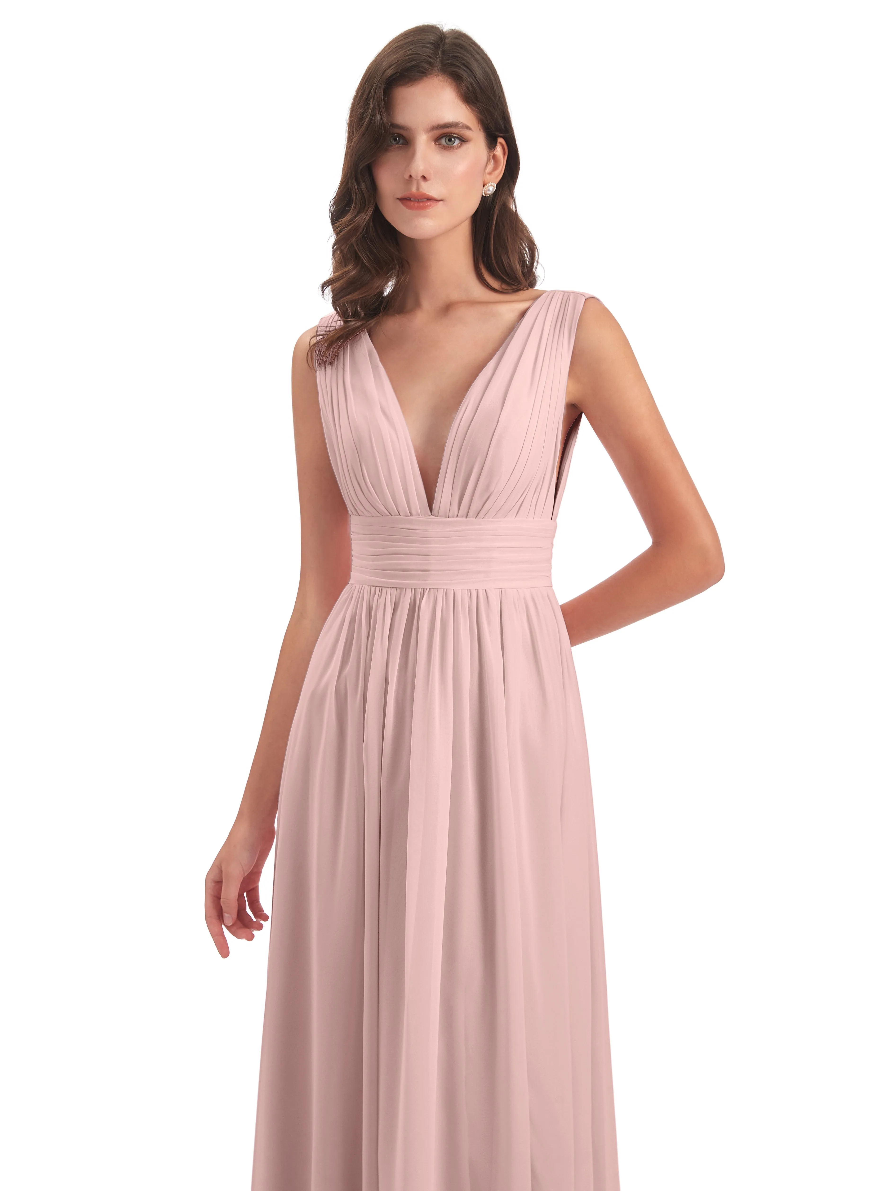 Emma V-Back Front Slit Powder Pink Bridesmaid Dresses