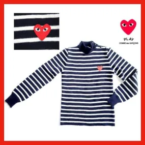 Stripes Heart Casual Style Wool Long Sleeves High-Neck Logo