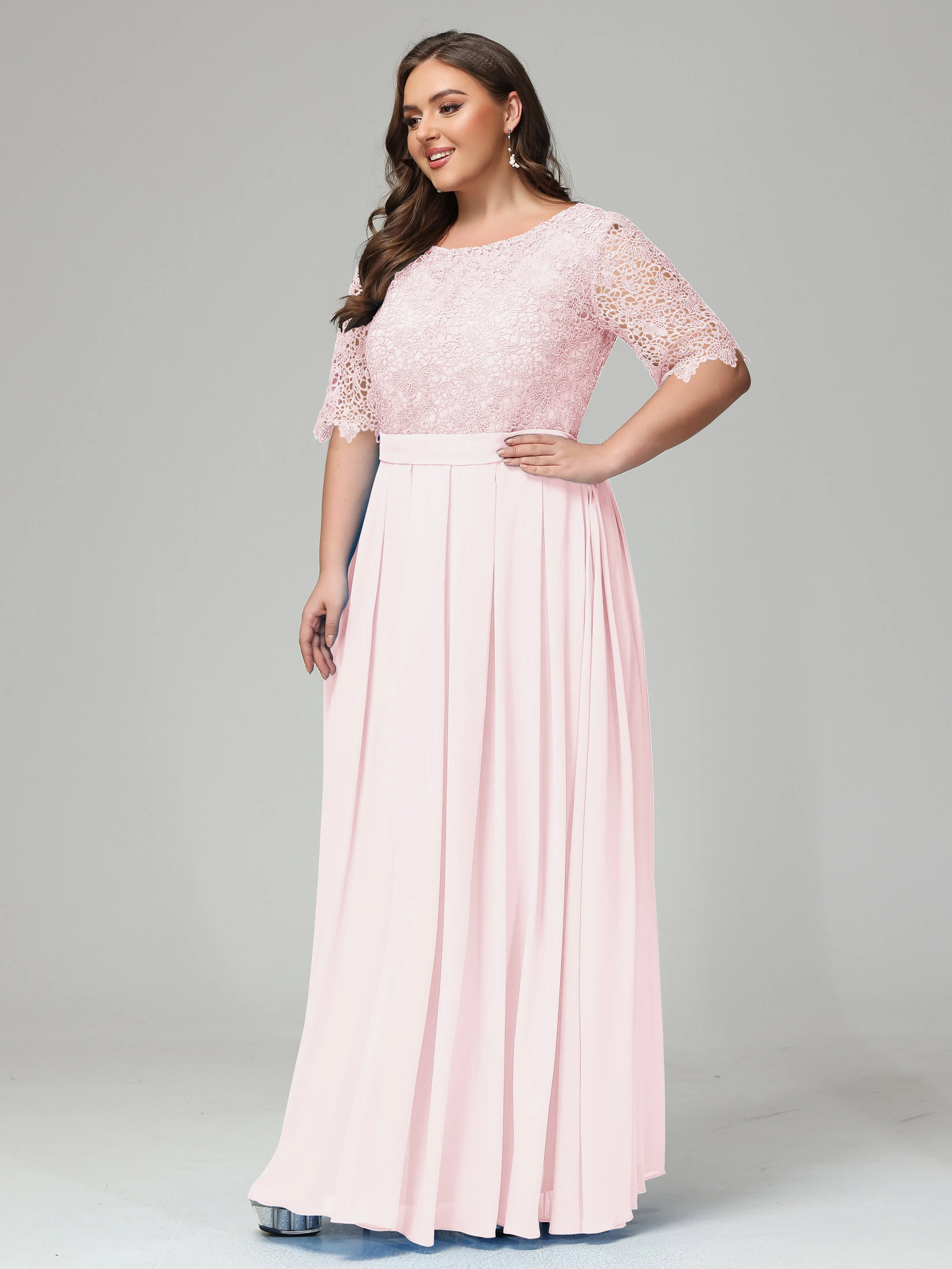 Half Sleeves Open Neck Plus Size Bridesmaid Dresses