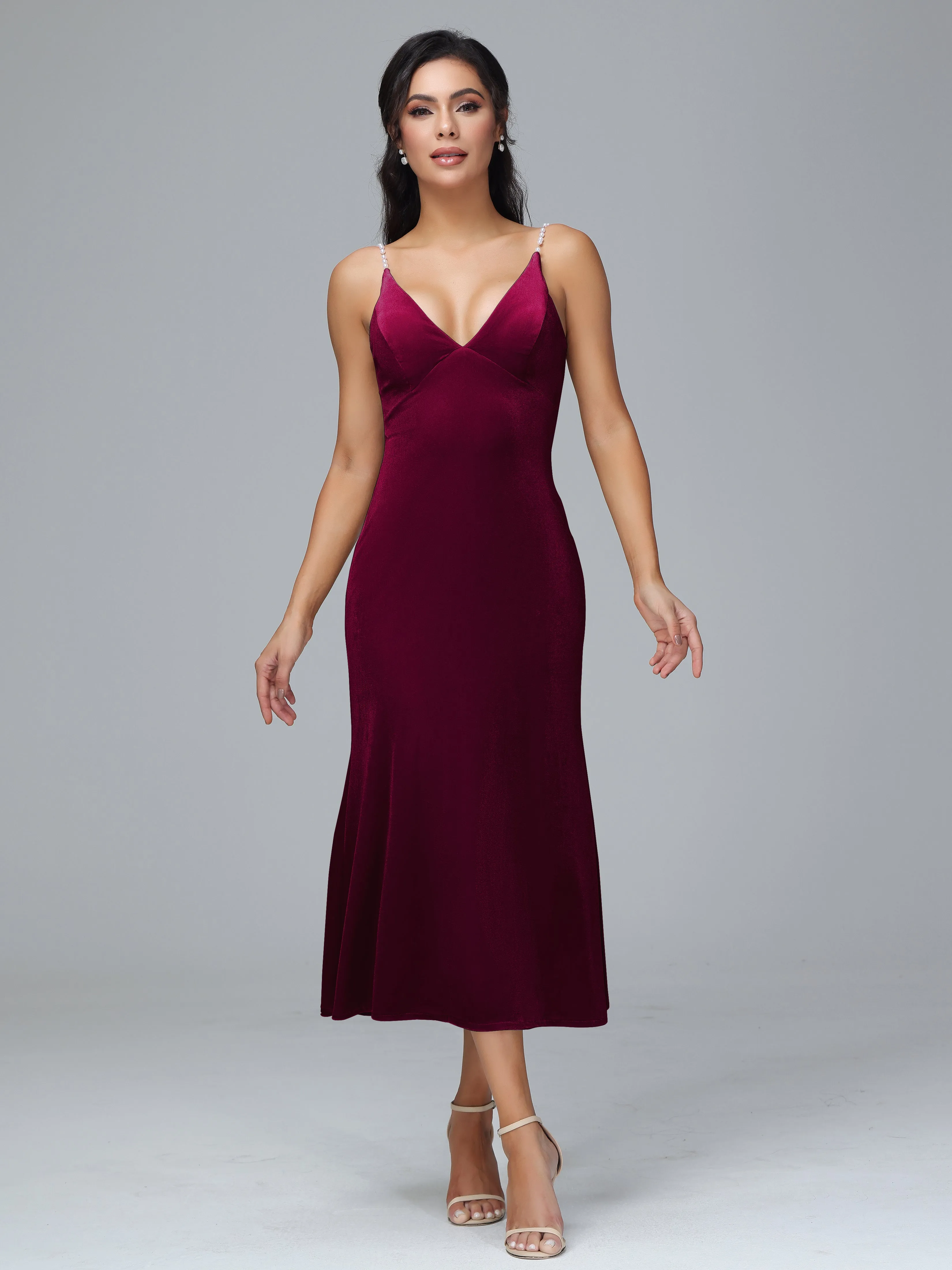 Backless Pearl Strap Long Slit Velvet Plus Size Bridesmaid Dresses