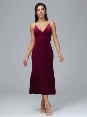 Backless Pearl Strap Long Slit Velvet Plus Size Bridesmaid Dresses