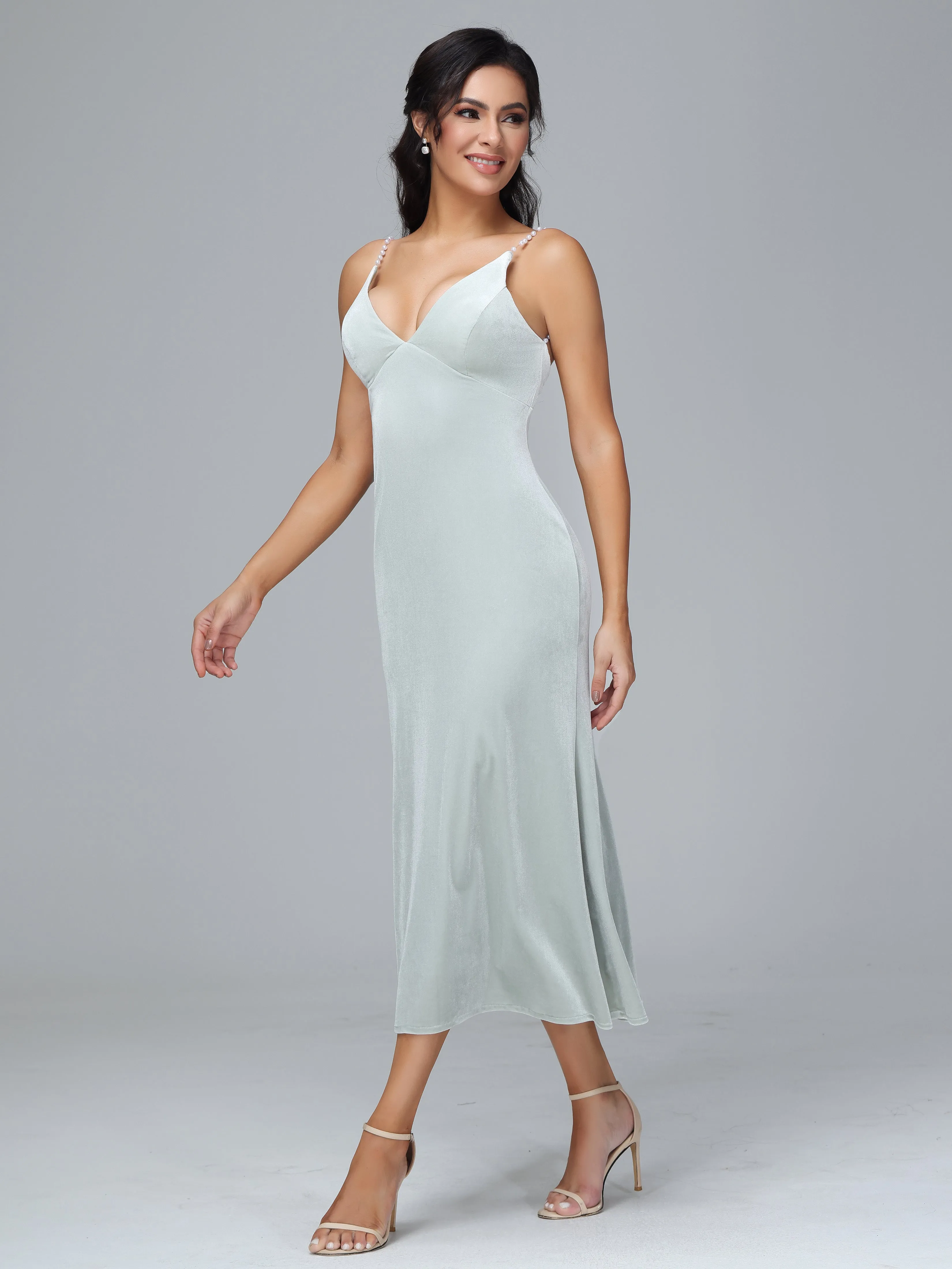 Backless Pearl Strap Long Slit Velvet Plus Size Bridesmaid Dresses