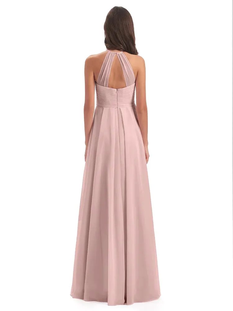 Lace Halter Open Back Chiffon Bridesmaid Dresses in SAGE_GREEN