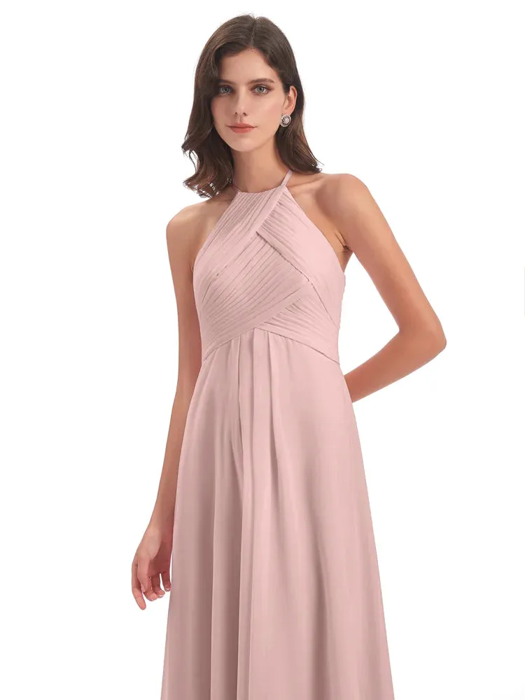 Lace Halter Open Back Chiffon Bridesmaid Dresses in SAGE_GREEN