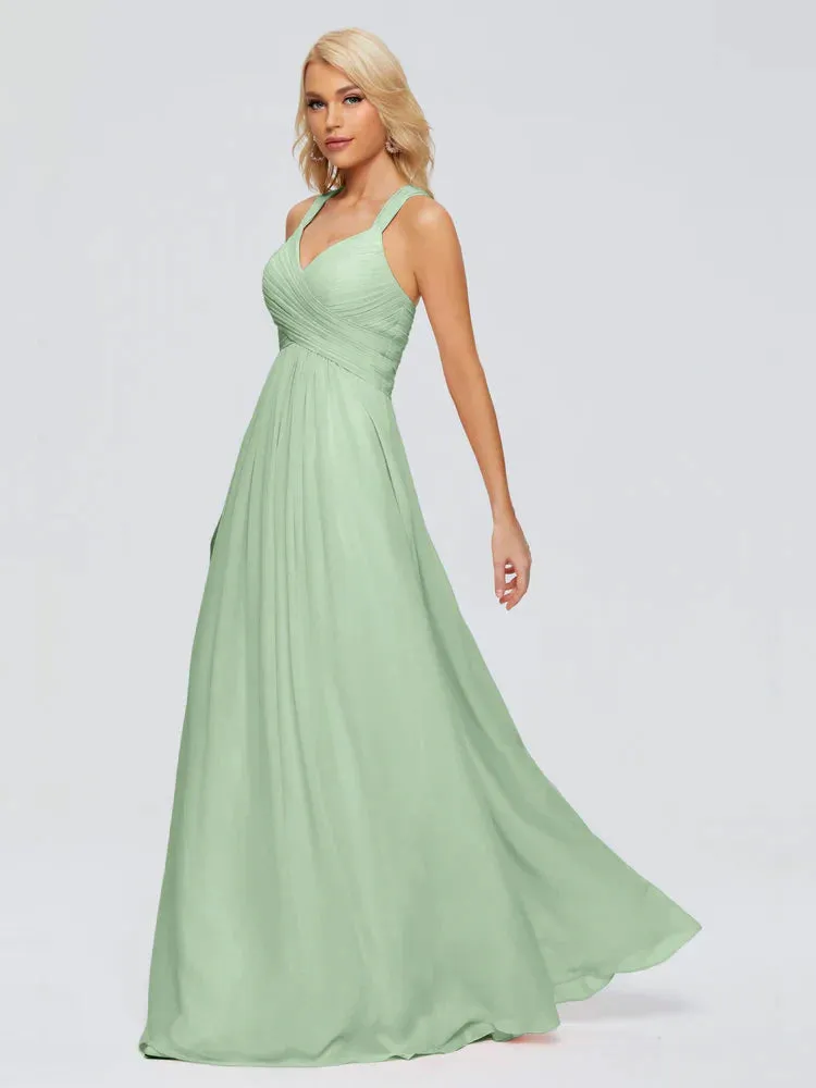 Crossed Strap Sage Powder Trapeze Bridesmaid Dresses