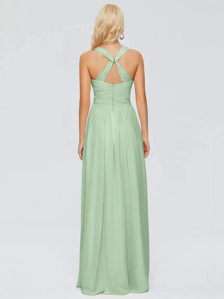 Crossed Strap Sage Powder Trapeze Bridesmaid Dresses