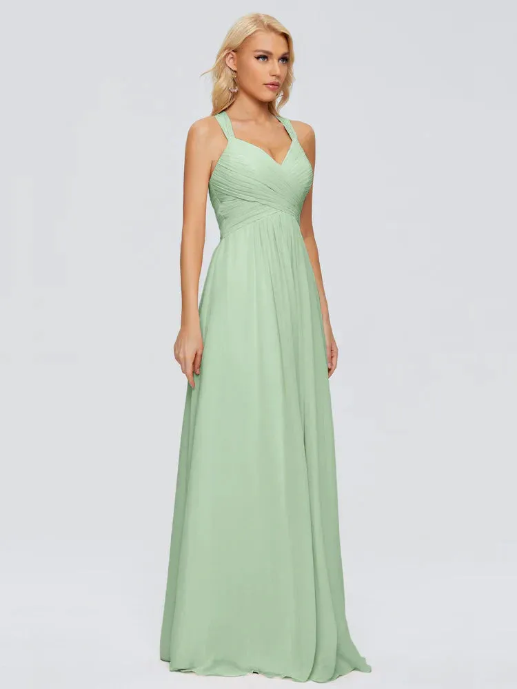 Crossed Strap Sage Powder Trapeze Bridesmaid Dresses