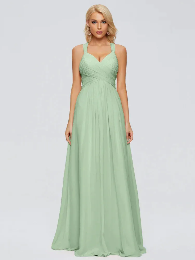 Crossed Strap Sage Powder Trapeze Bridesmaid Dresses