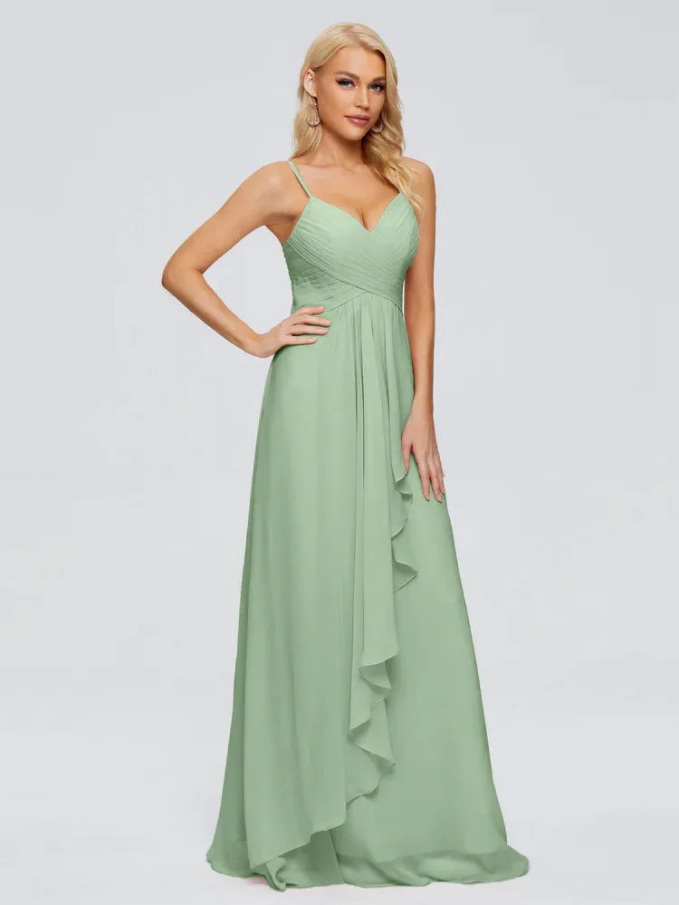 Sage Green Spaghetti Strap Chiffon Bridesmaid Dresses