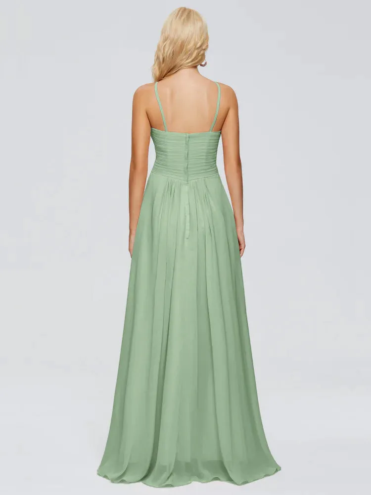 Sage Green Spaghetti Strap Chiffon Bridesmaid Dresses