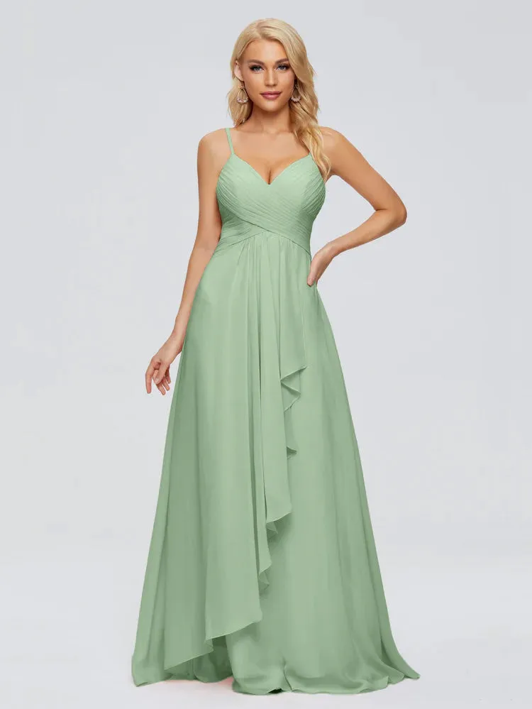 Sage Green Spaghetti Strap Chiffon Bridesmaid Dresses