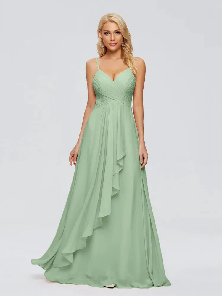 Sage Green Spaghetti Strap Chiffon Bridesmaid Dresses