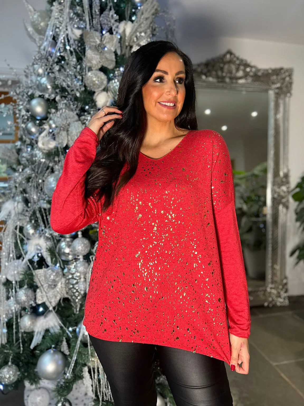 Stylish Red Metallic Speckled Top