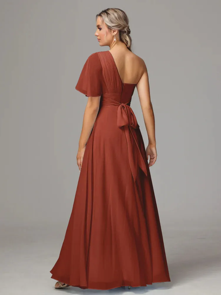 One Shoulder Rust Chiffon Bridesmaid Dress