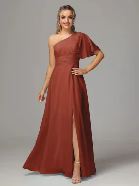 One Shoulder Rust Chiffon Bridesmaid Dress