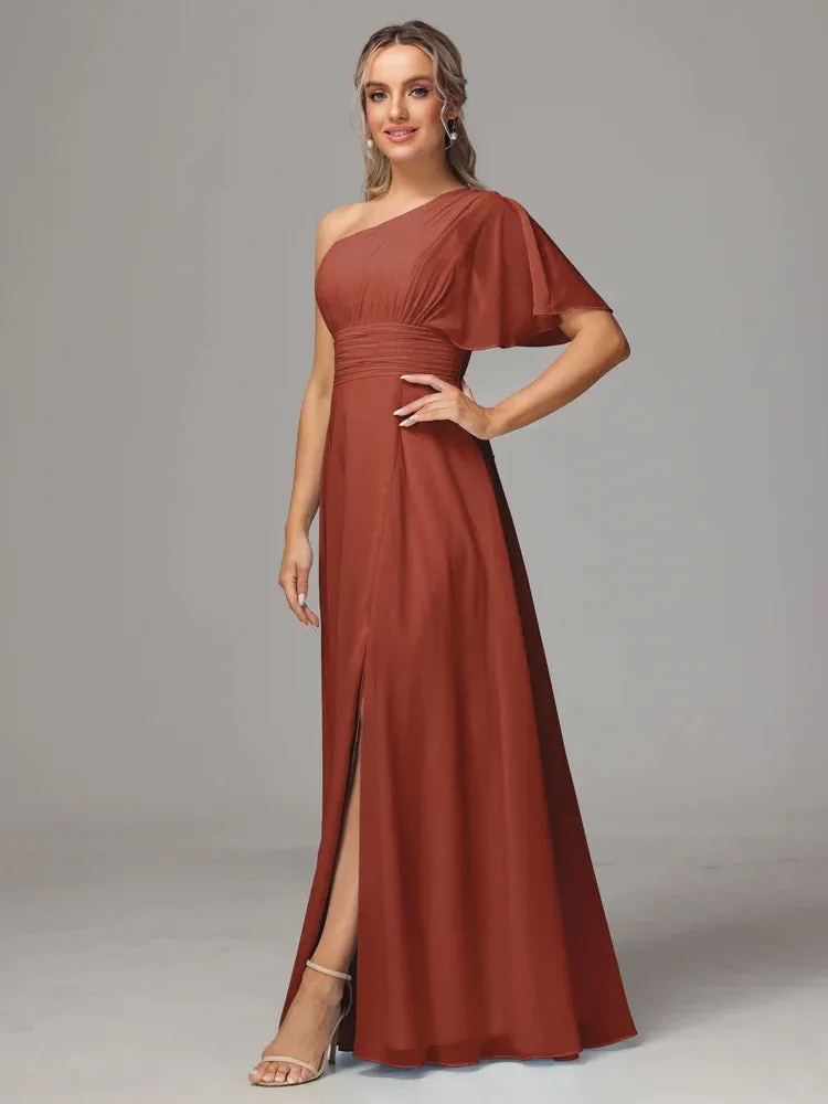 One Shoulder Rust Chiffon Bridesmaid Dress