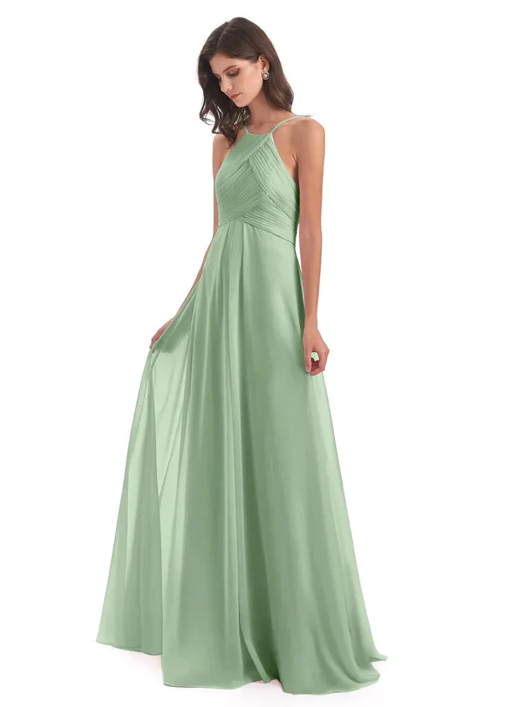 Halter Open Back Sage Chiffon Bridesmaid Dresses