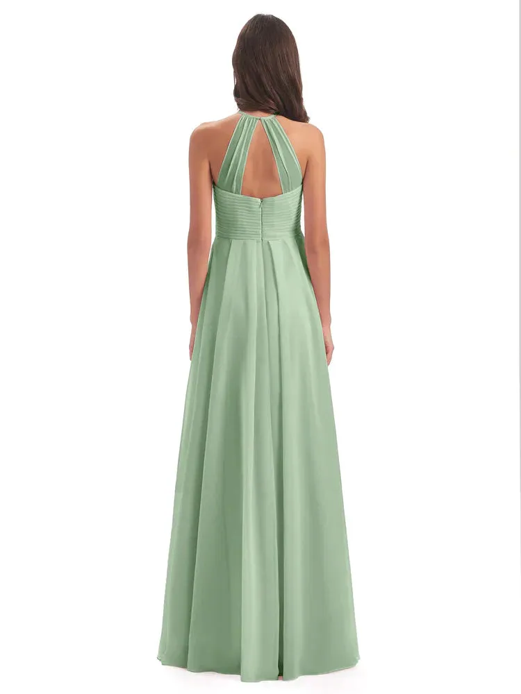 Halter Open Back Sage Chiffon Bridesmaid Dresses