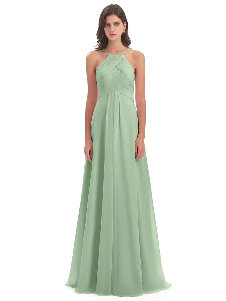 Halter Open Back Sage Chiffon Bridesmaid Dresses