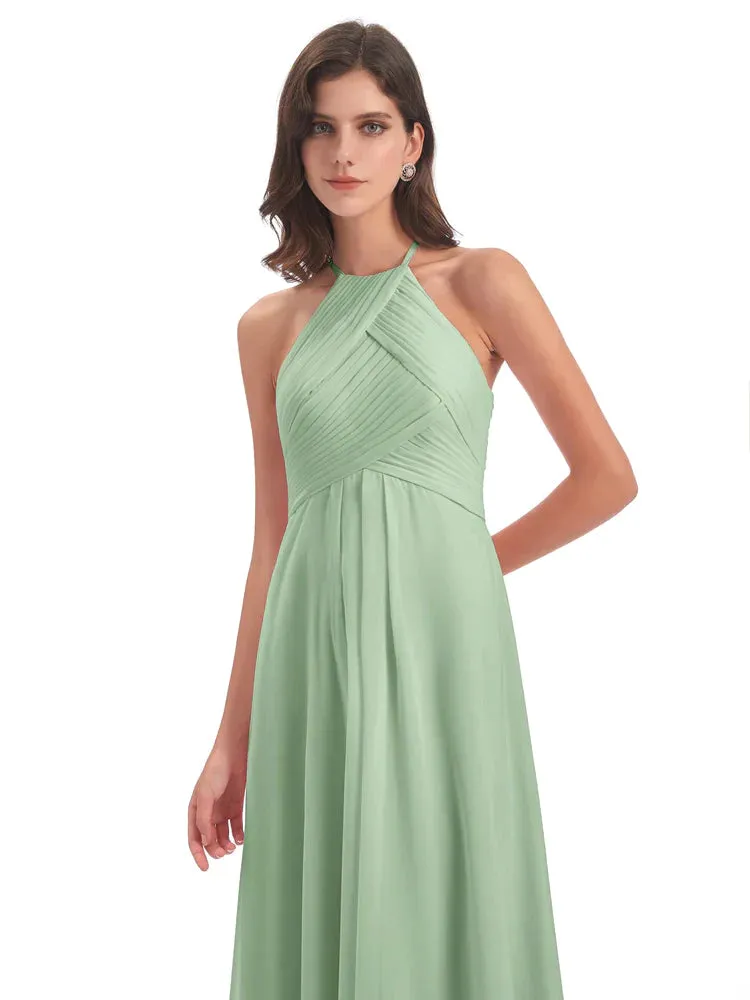 Halter Open Back Sage Chiffon Bridesmaid Dresses