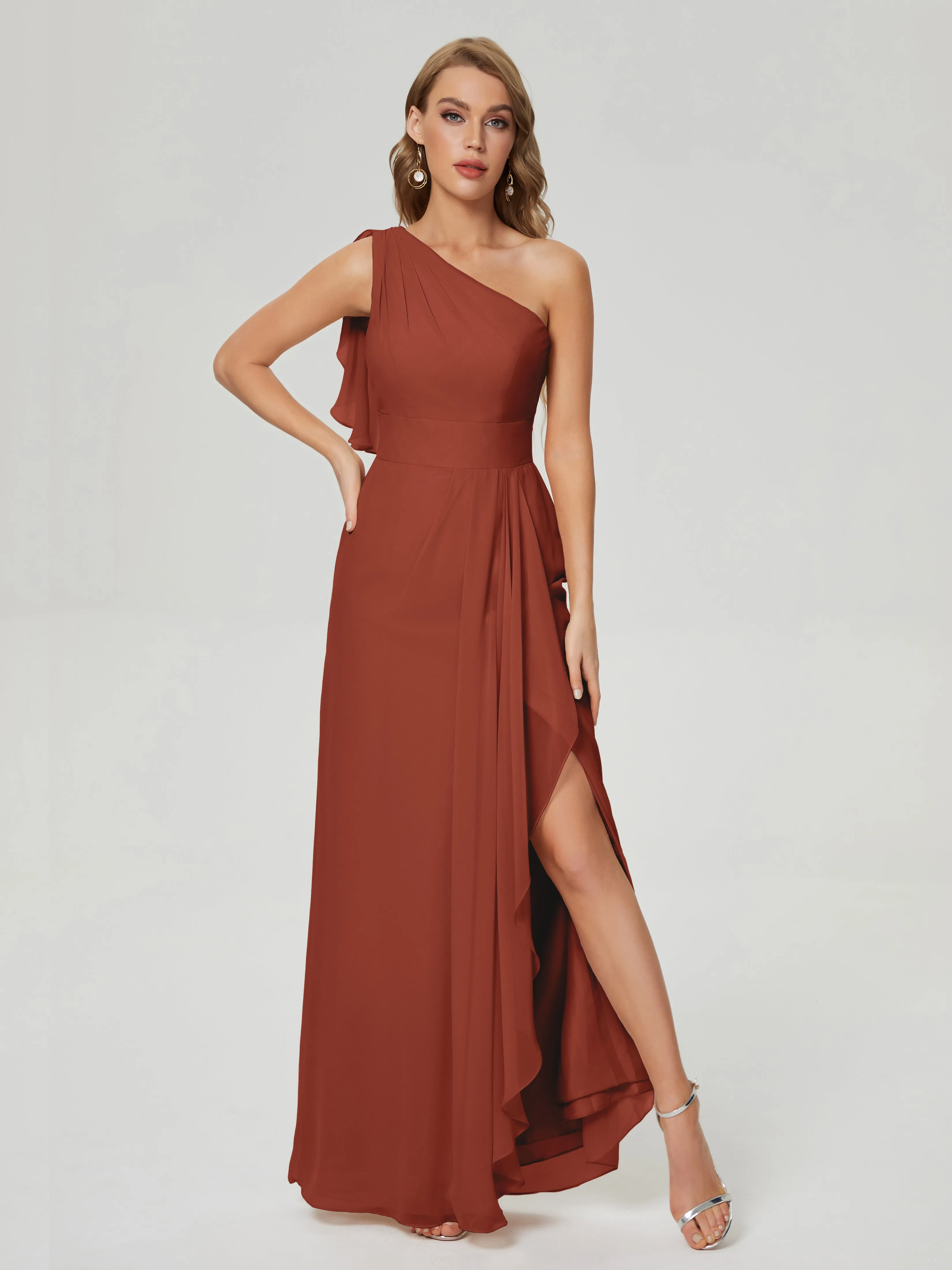 One-Shoulder Chiffon Bridesmaid Dresses with Ruffle in RUST