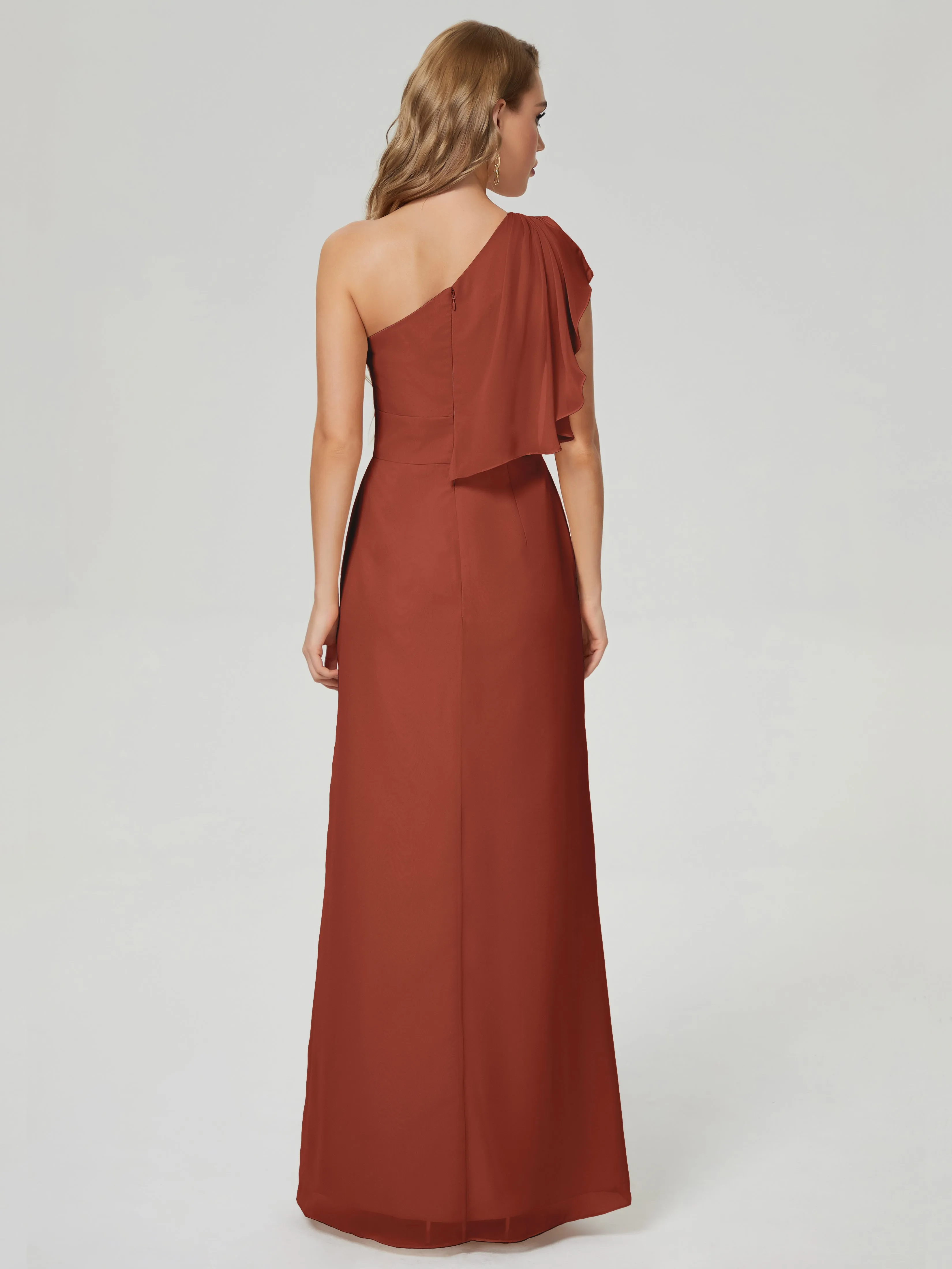 One-Shoulder Chiffon Bridesmaid Dresses with Ruffle in RUST