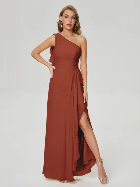 One-Shoulder Chiffon Bridesmaid Dresses with Ruffle in RUST