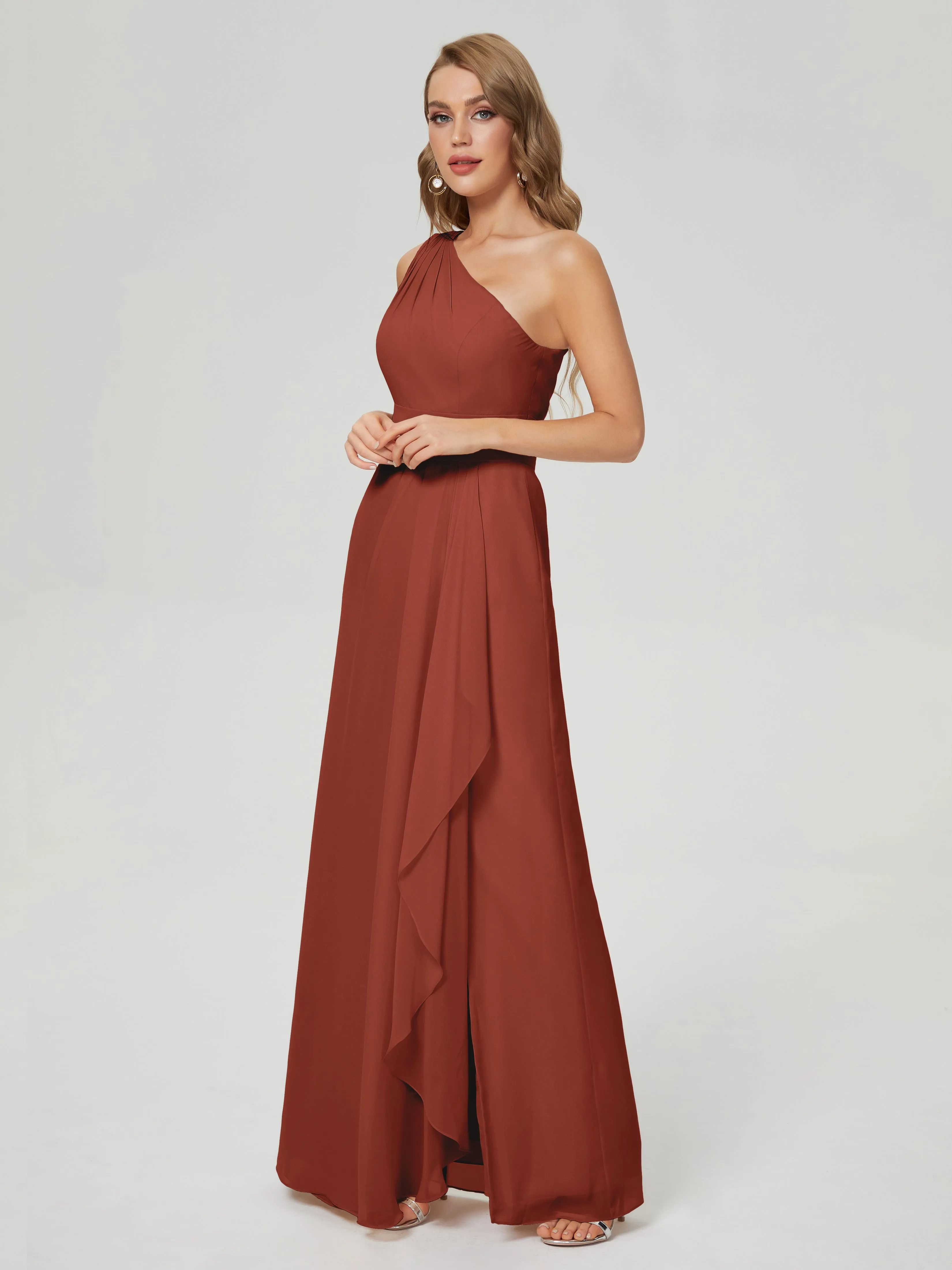 One-Shoulder Chiffon Bridesmaid Dresses with Ruffle in RUST