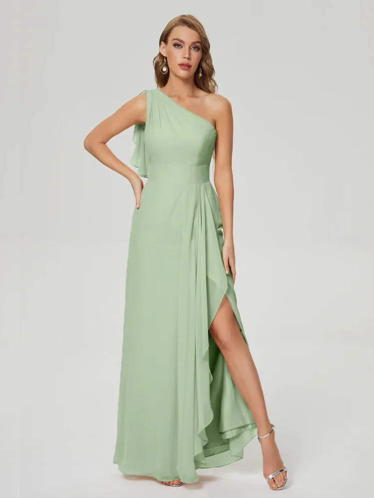 One-Shoulder Chiffon Bridesmaid Dresses with Ruffle in POWDER SAGE