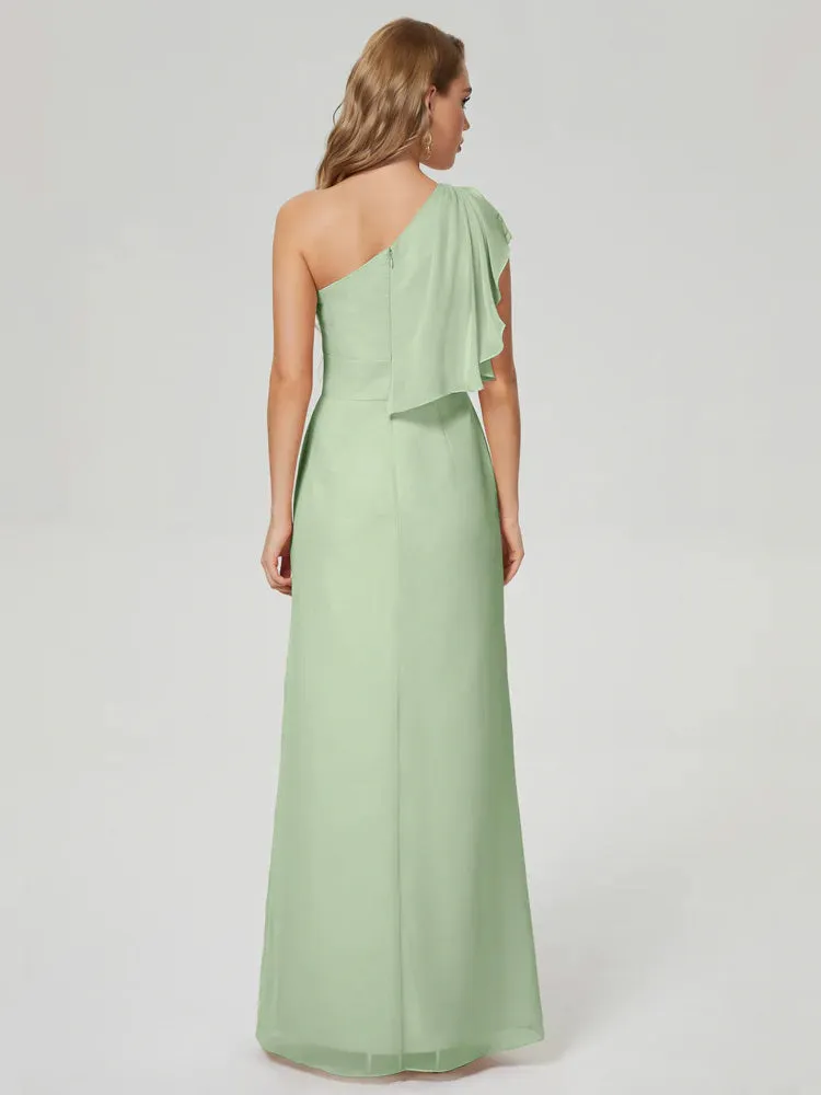 One-Shoulder Chiffon Bridesmaid Dresses with Ruffle in POWDER SAGE