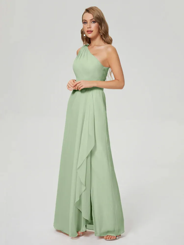 One-Shoulder Chiffon Bridesmaid Dresses with Ruffle in POWDER SAGE