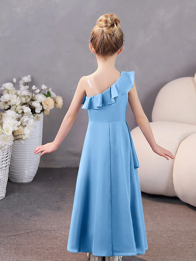 Junior Bridesmaid One-Shoulder Chiffon Ruffle Hem Dresses