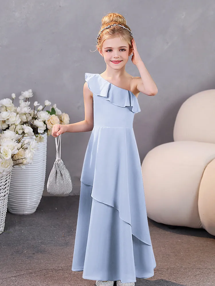 Junior Bridesmaid One-Shoulder Chiffon Ruffle Hem Dresses