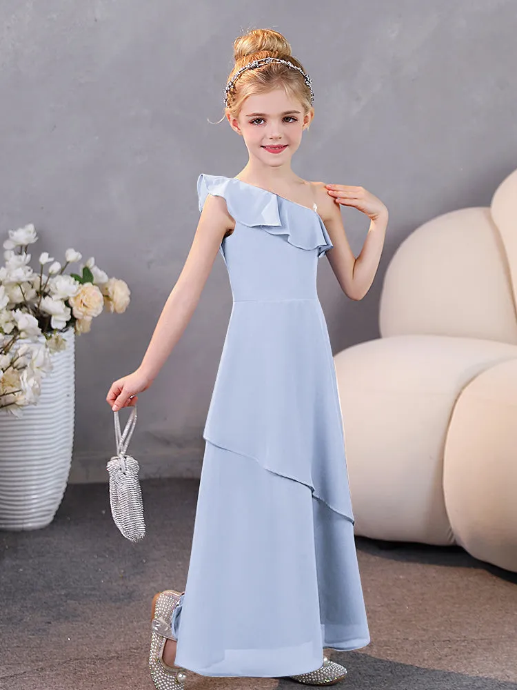 Junior Bridesmaid One-Shoulder Chiffon Ruffle Hem Dresses