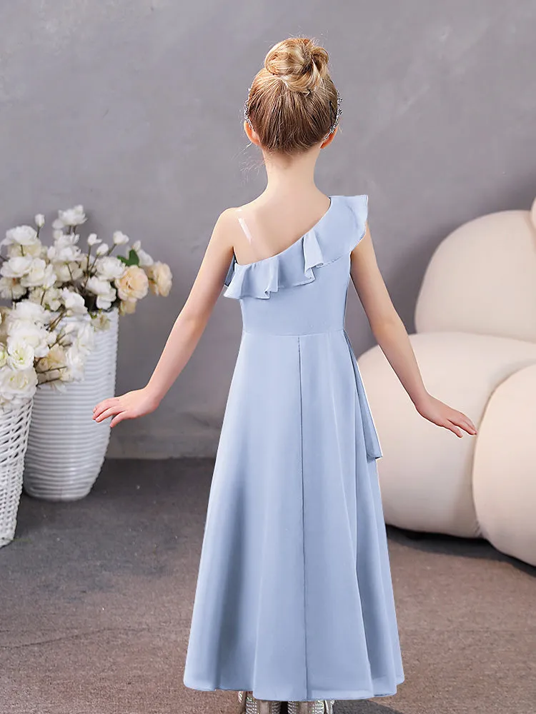 Junior Bridesmaid One-Shoulder Chiffon Ruffle Hem Dresses