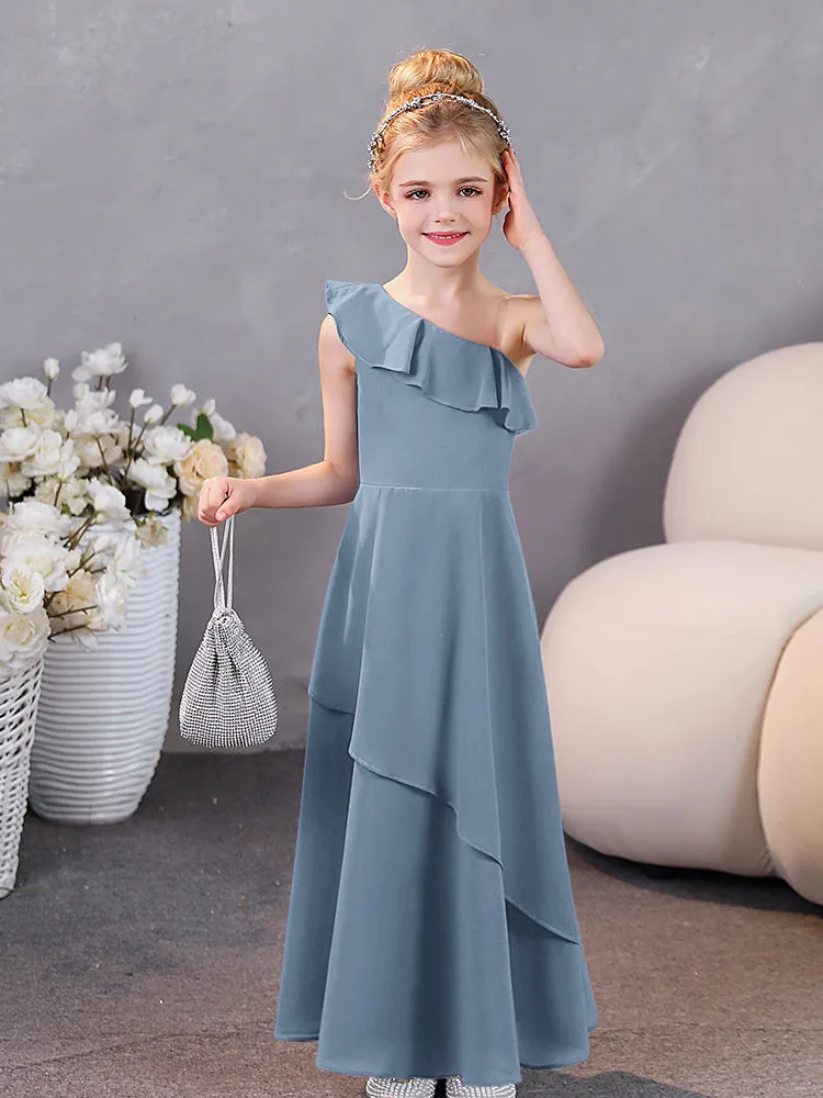 Junior Bridesmaid One-Shoulder Chiffon Ruffle Hem Dresses