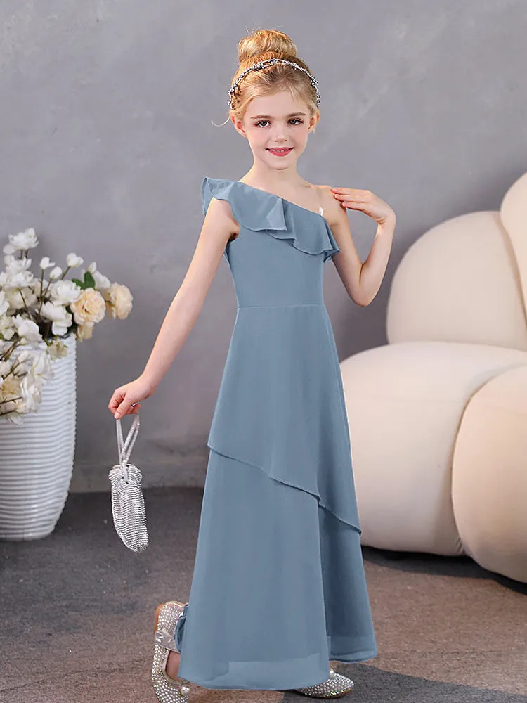 Junior Bridesmaid One-Shoulder Chiffon Ruffle Hem Dresses